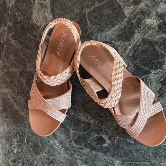 XIANGLV Women’s SZ 6 Sparkly Pale Pink Braided Stretch Strap Wedge Heel Sandals - Picture 11 of 12